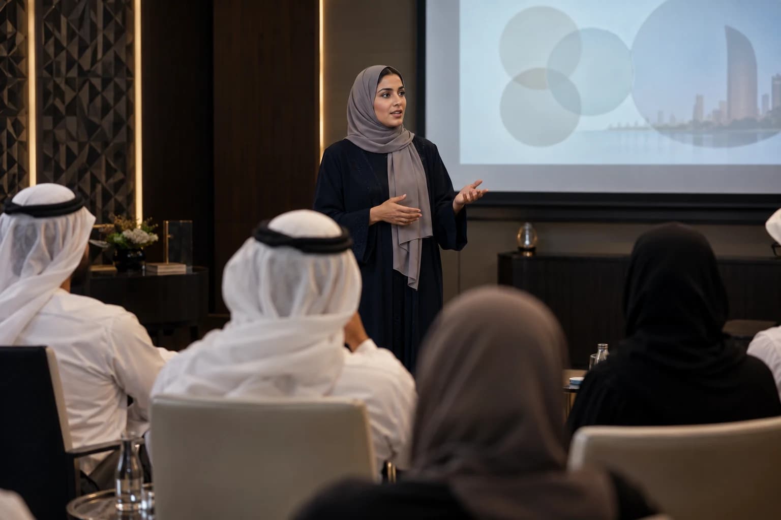 Emirati female trainer presenting to a corporate seminar audience