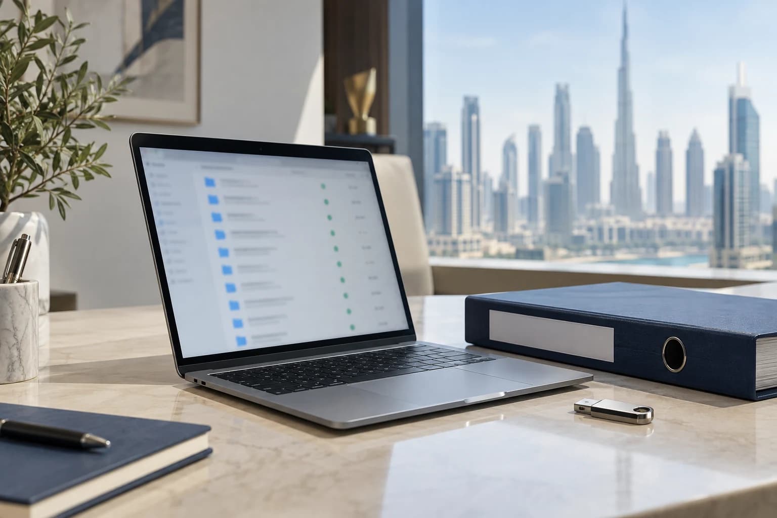 Laptop, evidence binder and security key in a modern UAE office